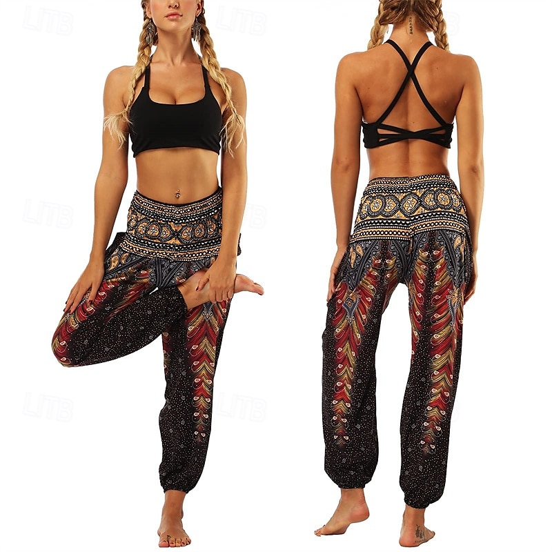 Retro Antiguo Boho Años 70 Pantalones Harem Pantalones de yoga Hippie Cintura elástica Pavo real Plumas Mujer Víspera de Todos los Santos Carnaval vacaciones en la playa Fiesta temática retro Festival 2025 - $27.99 –P15