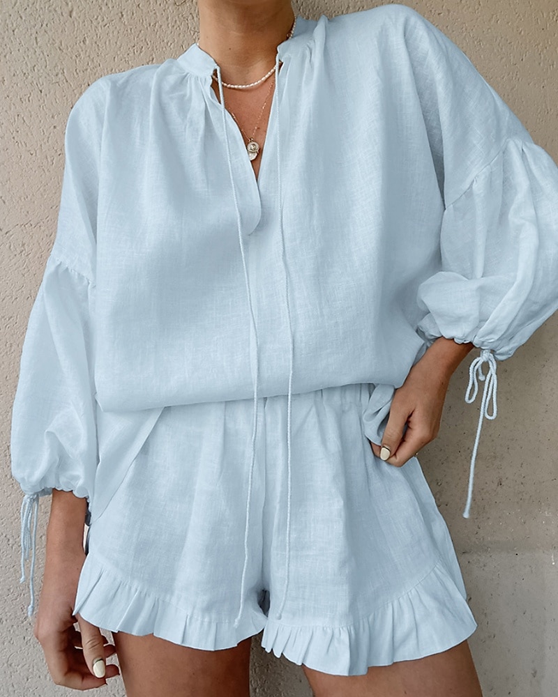 Femmes Actif Chemises en coton et lin Chemisier Ensembles de Shorts manche longue Col en V Couleur Unie Froncé Décontracté Quotidien Week-end Noir Blanche Rose Claire Été Coupe régulière de 2025 ? $24.99 –P10