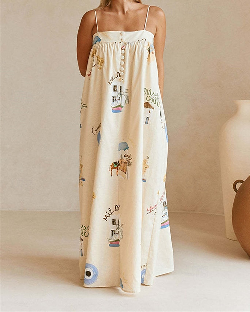 Pentru femei Rochie Lunga Rochie Maxi Rochii de in bumbac Rochie casual Modă În aer liber Petrecere Concediu Fit regulat Vopsire Fără manșon Bretele Spagheti Bej Vară 2025 - $42.99 –P4