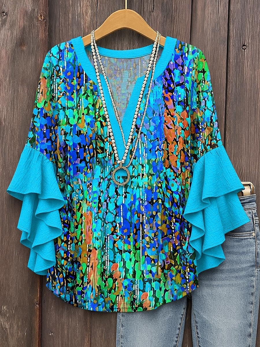 Damen Bluse mit gestuften Rüschensäumen Grafik Geometrisch Abstrakt Täglich Stilvoll Lässig 3/4-Ärmel V-Ausschnitt Reguläre Oberteile Tägliches Urlaubsbekleidung Druck Pink Rot Blau Lila Sommer 2025 - $29.99 –P5