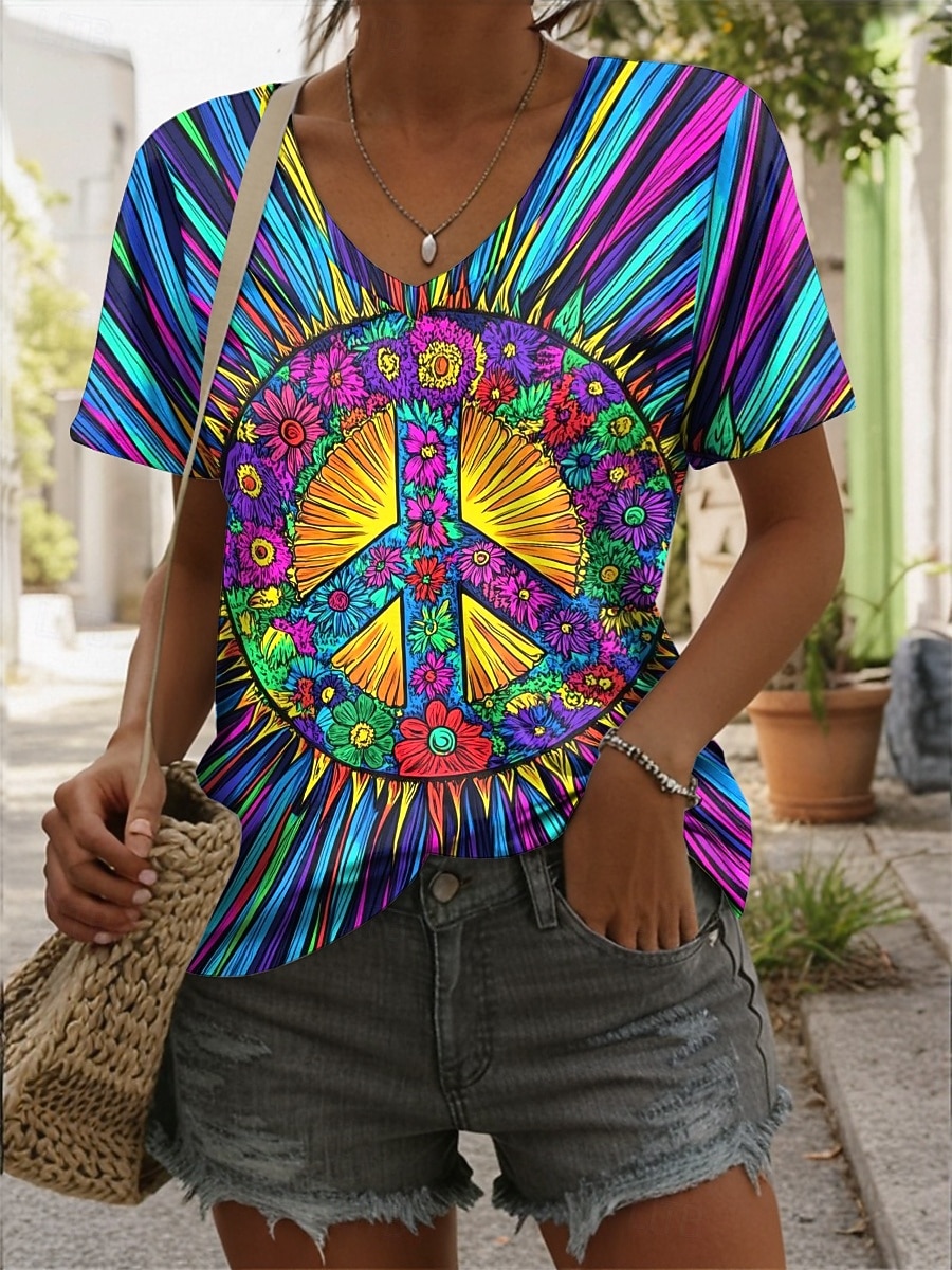 Damen T Shirt Druck Ombre Grafik Batik Vintage Stilvoll Lässig Kurzarm V Ausschnitt Normale Oberteile Täglich Blau Sommer Frühling 2026 - $21.99 –P1