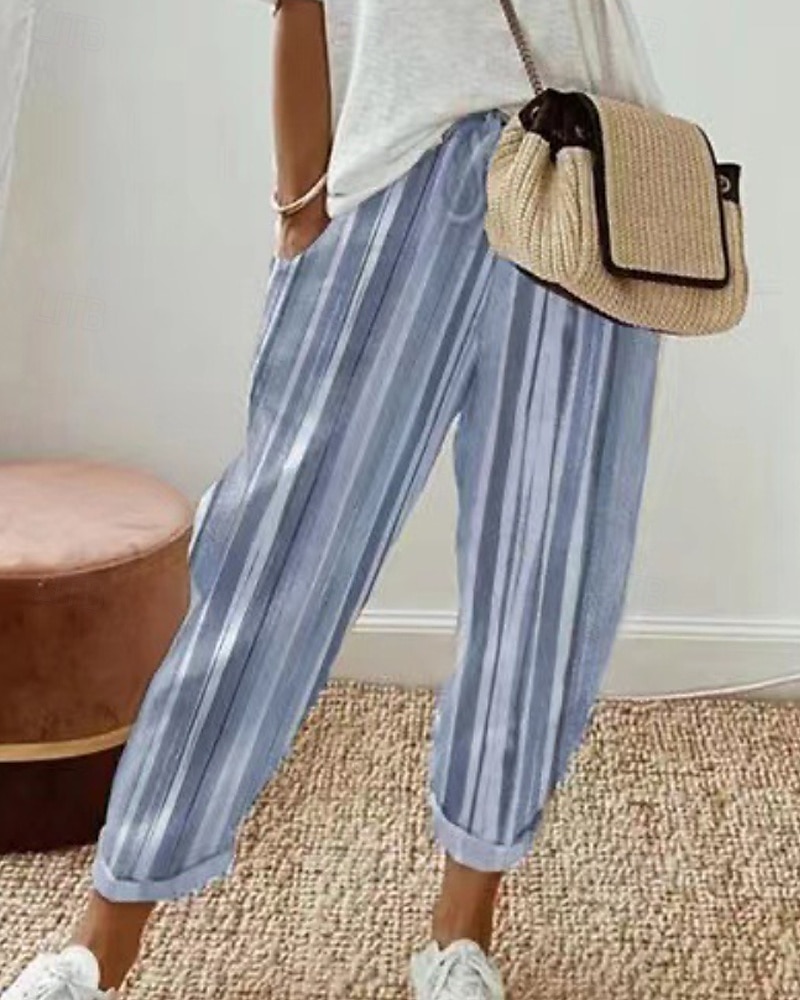 Per donna Pantaloni in cotone e lino Pantaloni Eleganti Casual Lunghezza intera Naturale A righe Tasca Design con Coulisse Elastica All'aperto Confortevole Streetwear Uscire Bianco Blu Cachi Estate del 2025 a $25.99 –P2