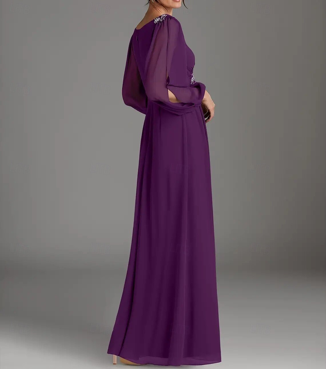 A-Line Mother of the Bride Dress Wedding Guest Elegant V Neck Floor Length Chiffon Long Sleeve with Beading Appliques Ruching 2025 - $162.99 –P2