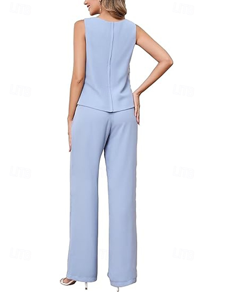 Completo  Abito da Pantaloni 3 Pezzi Abito Elegante per la Madre della Sposa Semplice Minimalista Collo a Giro Lunghezza Terra Lunghezza Caviglia Chiffon Maniche Mezza con Cristalli Ruches Scendenti del 2025 a $148.99 –P3
