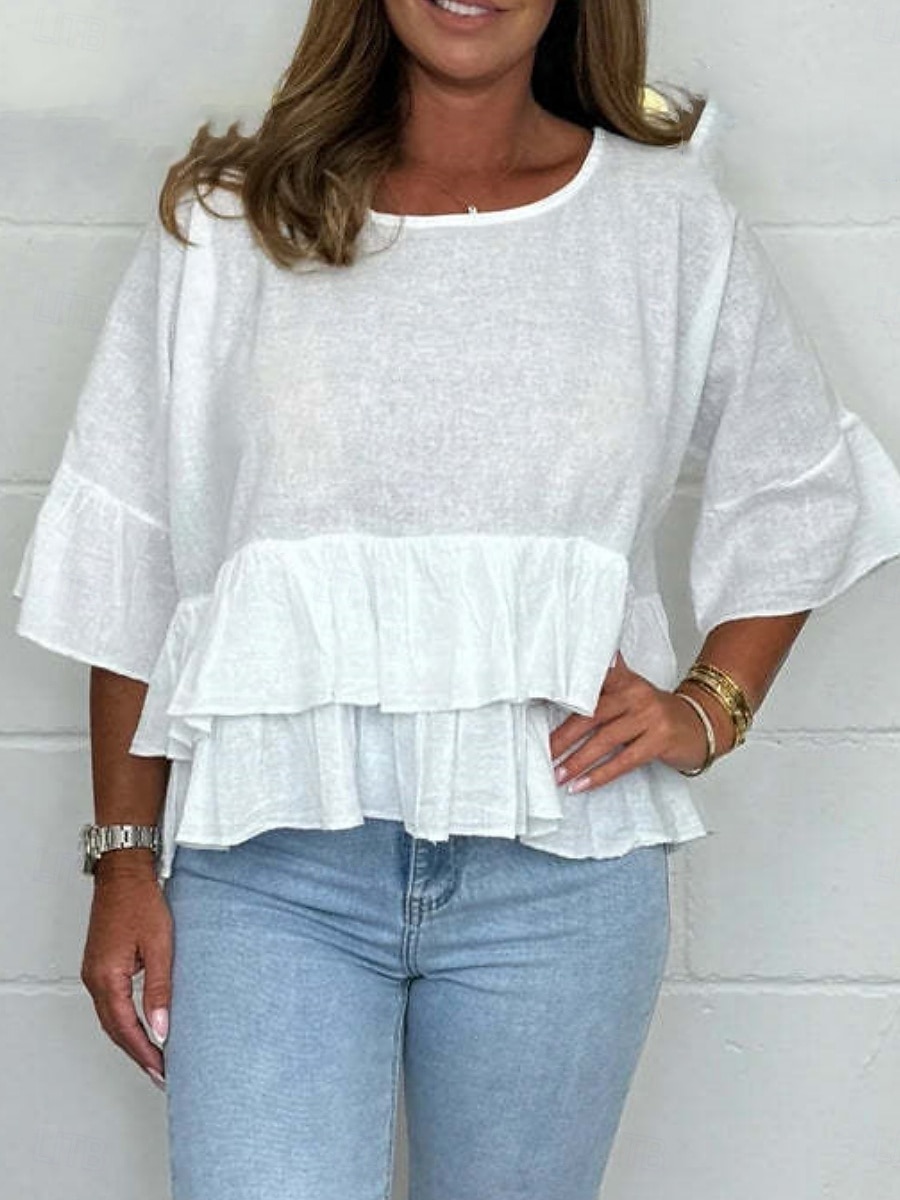 Dame Bluse Helfarge Stilfull Fritid 3/4 ermer Crew-hals Vanlige topper Daglig Drapering Svart Hvit Rosa Grønn Sommer Vår 2025 - $28.99 –P1
