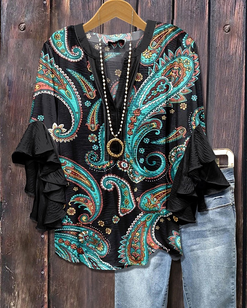 Γυναίκα T-Shirt T-shirt Floral Printed Cashemere Σύγχρονη μόδα μανίκι μανίκι VOPS Daily Daily Frufru Print Black White Pink Summer Spring 2025 από OMR 10.59 -P1