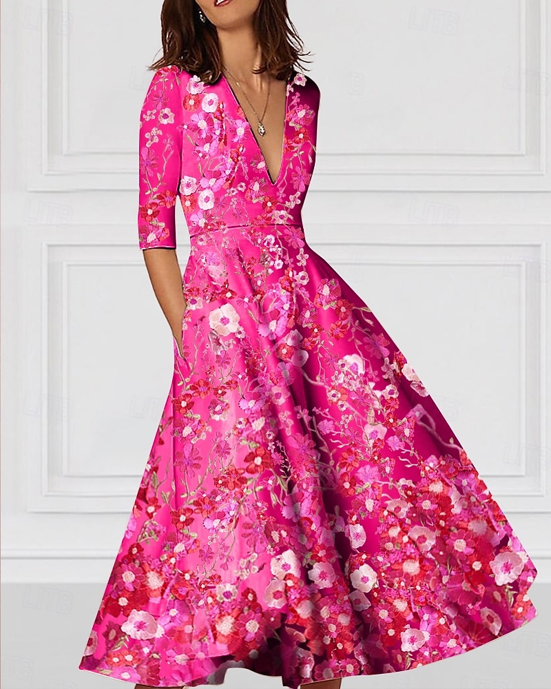 Abito da Cocktail A-Line Floral Elegante Abito Formale Matrimonio Lungo fino alla Caviglia Mezza Manica V Neck Abito Rosa Stretch Crepe con Ricamo e Tasca del 2025 a $154.99 –P1