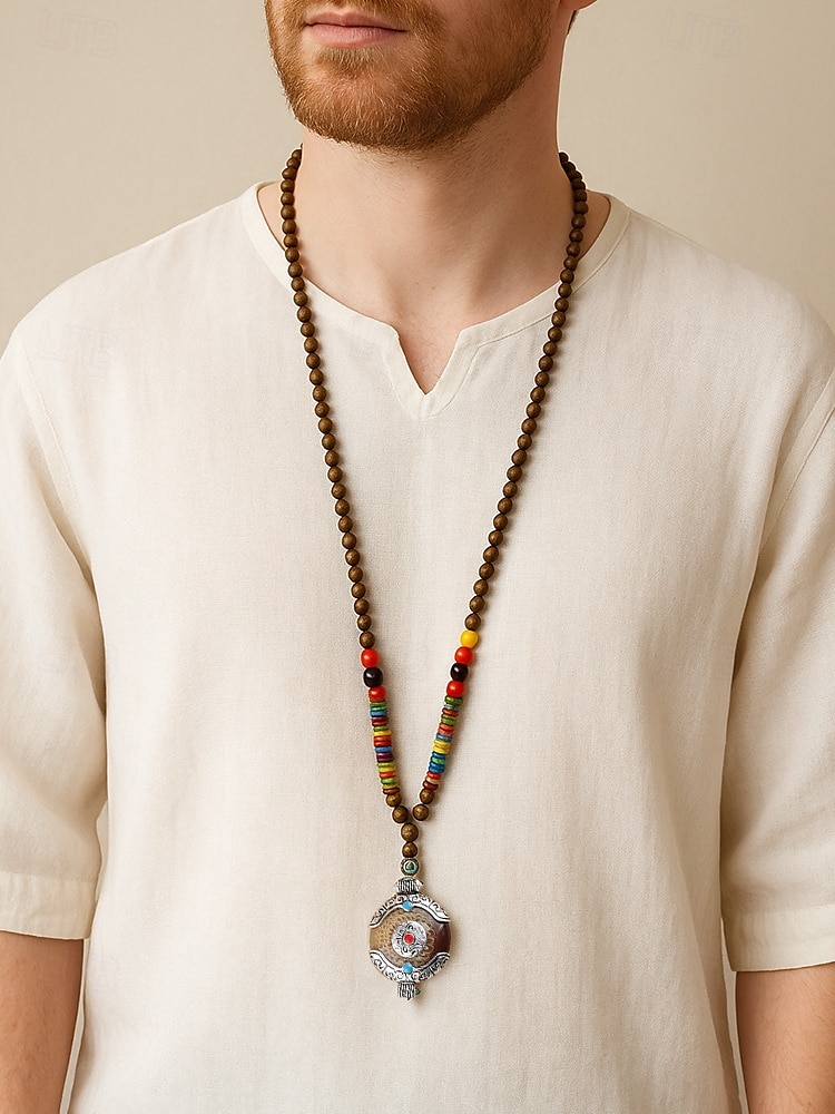 Pánský náhrdelník z přírodních dřevěných korálků s tibetským totemovým přívěskem, boho etnický styl s dlouhým řetízkem pro meditaci, jógu, duchovní setkání a ležérní letní outfity. 2026 - $10.36 –P1