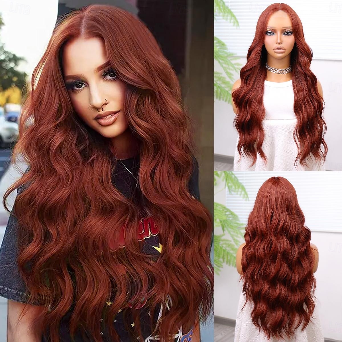 Perruque en dentelle synthétique Bouclé Style 26 pouce Orange Raie au milieu partie U Perruque Femmes Perruque Auburn de 2025 ? $40.99 –P1
