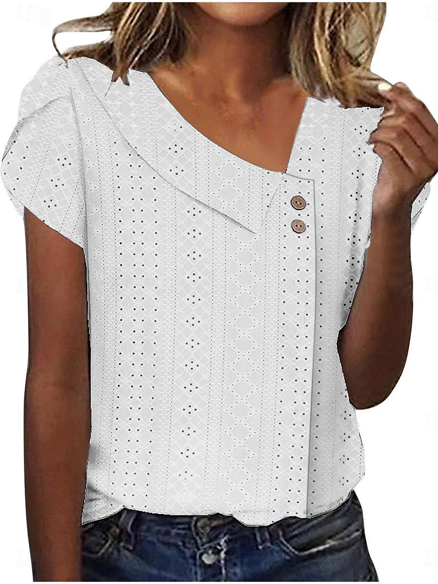 Tricou pentru Femei Culoare Uniformă Simplă Modă Stilat Modern Mâneci Scurte Gât în V Ținute Zilnice Weekend Butoni Ochii Alb Galben Roz Albastru Violet Vară 2025 - $17.99 –P6
