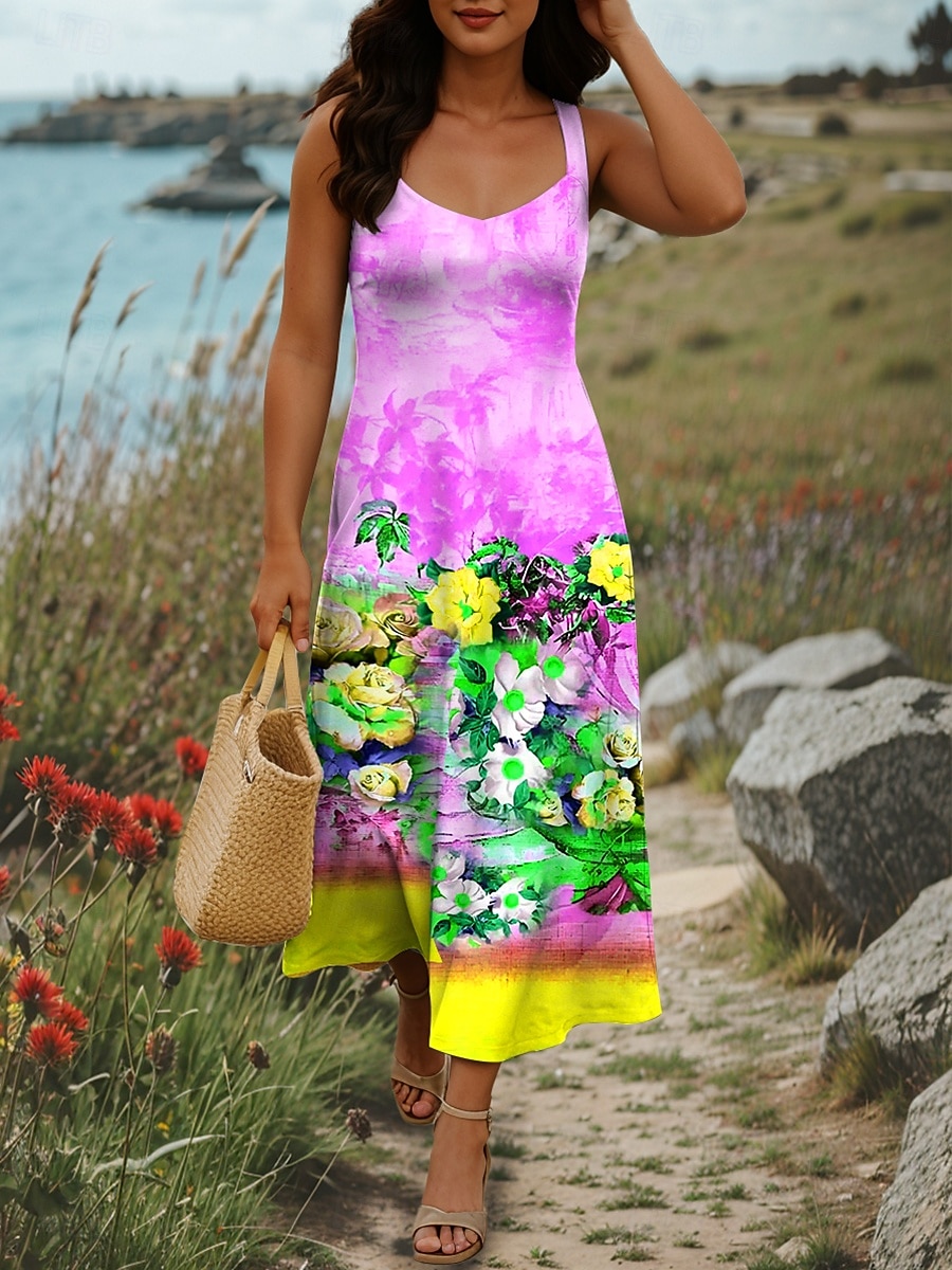 Damen Maxikleid A Linie Kleid Sommerkleid Schulterfreies Kleid Urlaub Lässig Party Date Normale Passform Blumen Grafik Farbblock Ärmellos Quadrathals Rosa Blau Purpur Sommer Frühling 2025 - $27.99 –P5