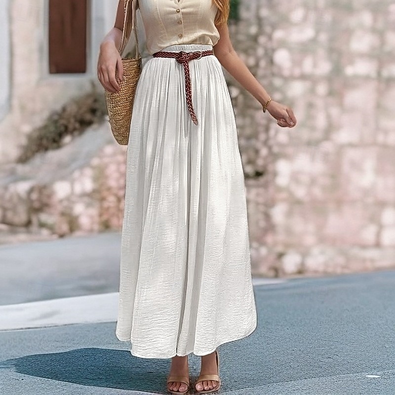 Damen Asiatische Größe Schwingend Leinenröcke Elegant Lässig Midi Hohe Taille Röcke Einfarbig Gerafft Plissiert Fließend Mikroelastisch Urlaub Täglich Wein Schwarz Weiß Rosa Frühling, Herbst, Winter 2025 - $32.99 –P1