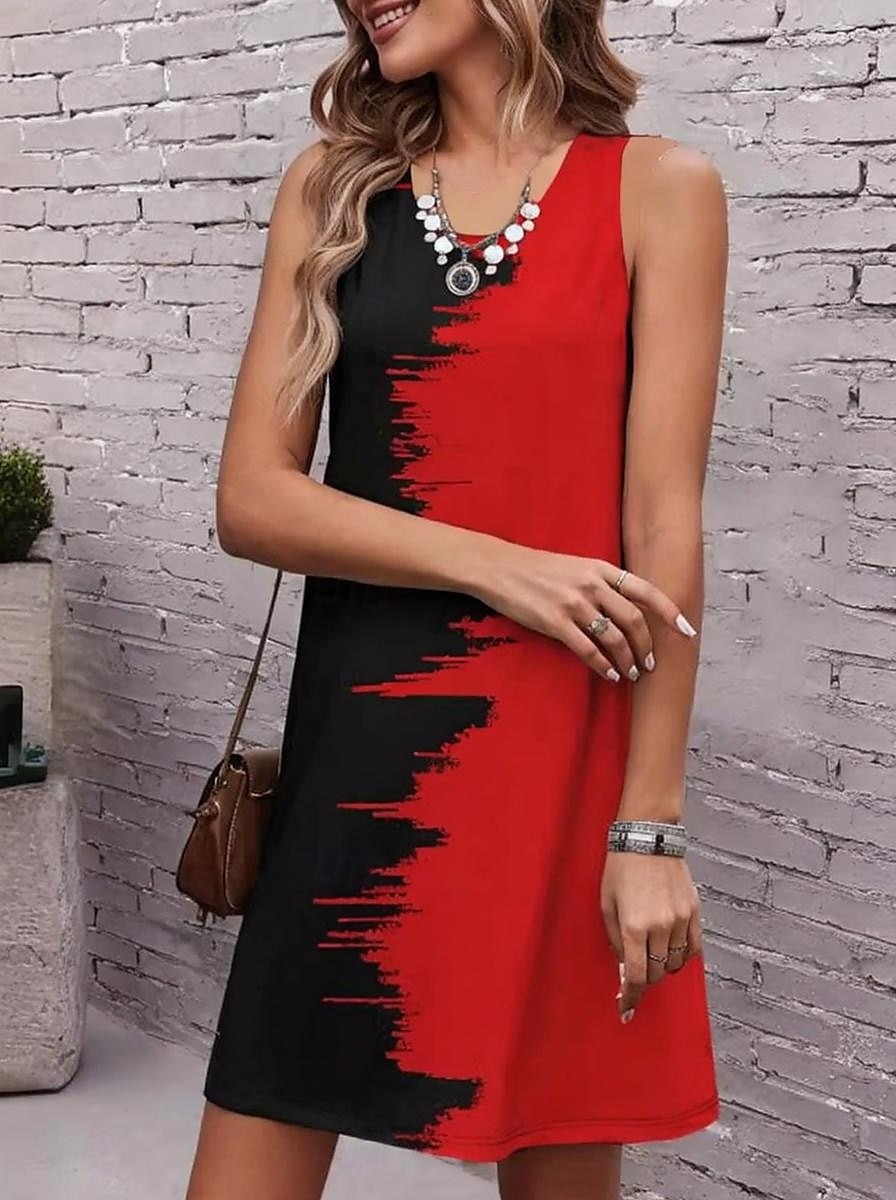 Damen Minikleid Sommerkleid Lässig Täglich Ferien Strand Normale Passform Grafik Geometrisch Farbblock Ärmellos Rundhalsausschnitt Rote Sommer 2025 - $21.99 –P1