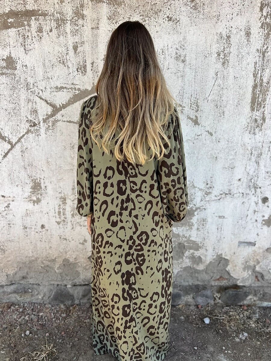 Damen Maxikleid A Linie Kleid Lässig Outdoor Ausgehen Normale Passform Leopard Langarm V Ausschnitt Weiß Himmelblau Dunkelgrün Grün Sommer 2025 - $21.99 –P6
