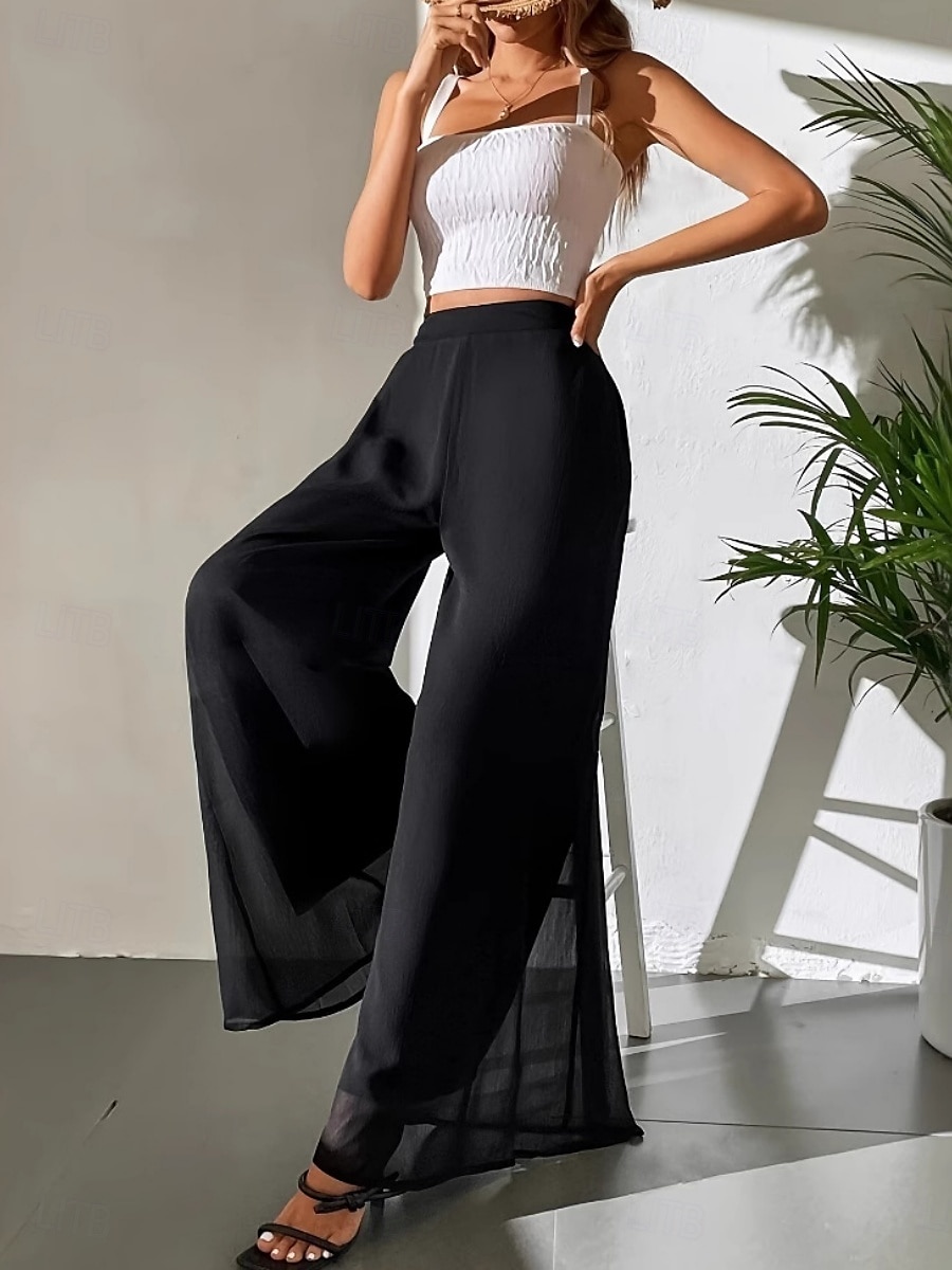 Femmes Jambe large Chinos Vacances ancien Mode Longueur complète Taille haute Uni Avec Poches Ceinture Élastique Confortable Doux Micro-Élastique Extérieur Rue Noir Été Printemps Coupe Ample de 2025 ? $24.99 –P3