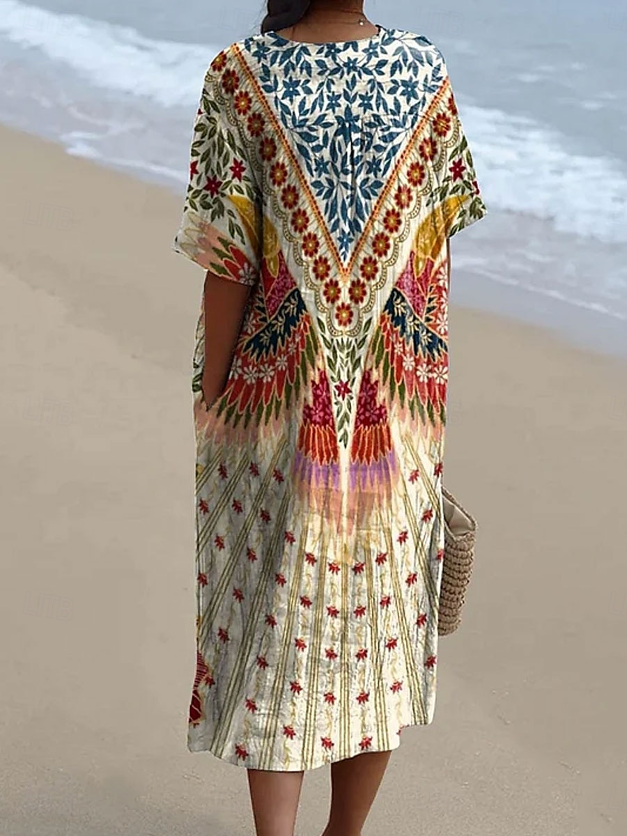 Pentru femei Rochii Midi Rochie de Vară Rochie A line Vacanță Casual Boho Petrecere Ieșire Plajă Floral Grafic Manșon Lung În V Bej Vară Primăvară 2025 - $37.99 –P2
