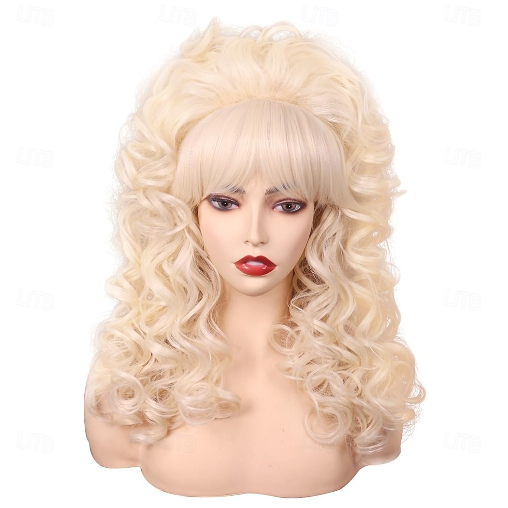 Dlouhá kudrnatá vintage cosplay paruka s ofinou pro ženy z 80. let, kostým královny 60. a 70. let na halloweenskou párty 2025 - $26.99 –P7