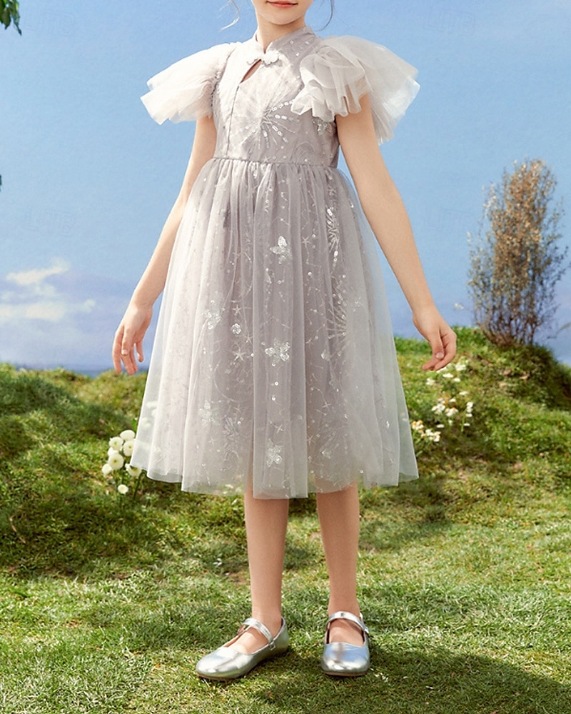 Kids Girls' Dress Flower Short Sleeve Outdoor Ruched Mesh Fashion Adorable Nylon Knee-length Casual Dress Tulle Dress Floral Dress Summer 4 years+ Purple 2025 - $58.99 –P4