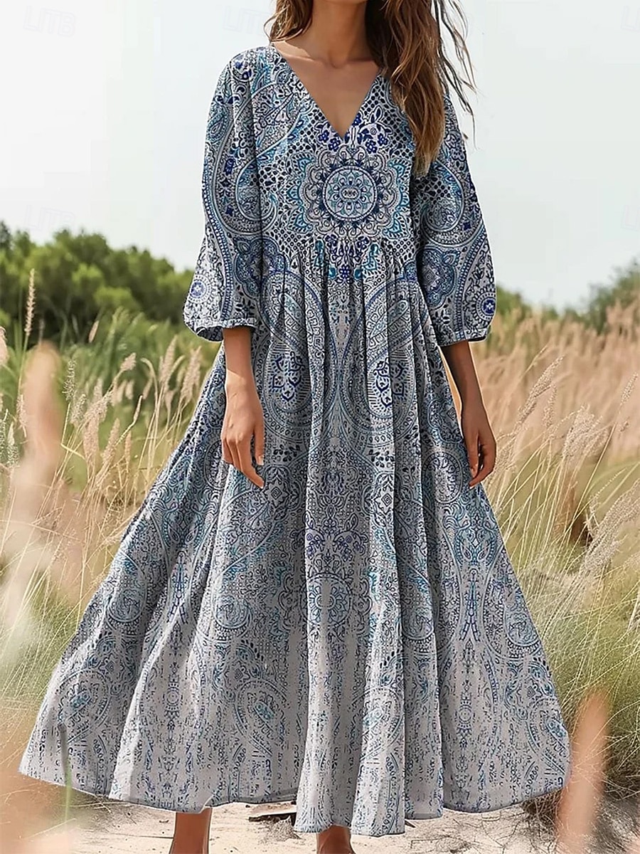 dame bomull lin maxikjole sommerkjole plissert kjole ferie avslappet bohem utendørs uteliv strand blomster paisley 3/4 lengde linlignende ermer v-hals grå grønn blå off-white 2025 - $35.99 –P1