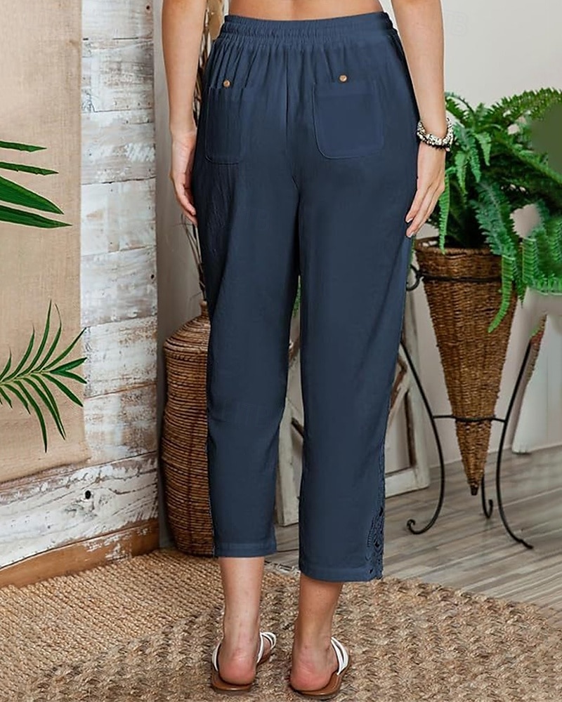 Women's Poly-Cotton Linen Texture Pants Cropped Pants Fashion Streetwear Comfort Ankle-Length Mid Waist Plain Lace Comfy Comfortable Street Daily Wear Going out Black White Blue Green Summer Regular 2025 - $14.49 –P8