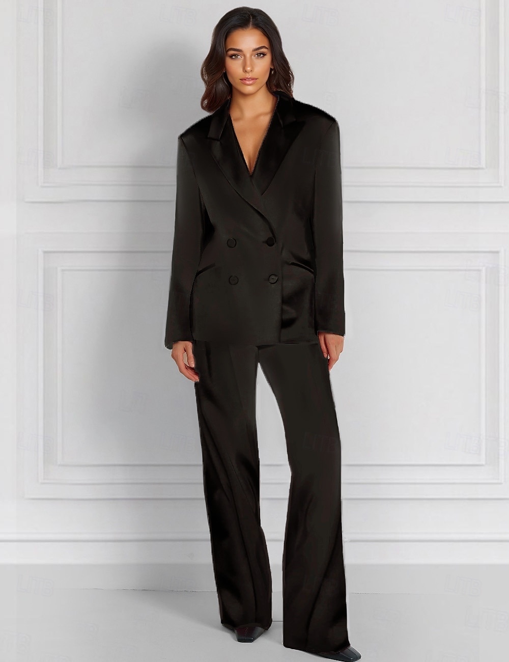 Tuta a Due Pezzi  Completo Completo per Madre della Sposa Giacca Doppiopetto Elegante Vintage Semplice Collo a V Lunghezza Piedi Satin Stretch Maniche Lunghe con Bottoni Coperti del 2025 a $179.99 –P6