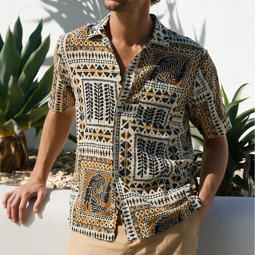 Hombre Geométrico Ética / Africana Camisa Abotonar la camisa Manga Corta retro de la vendimia Vacaciones Uso Diario Ropa de playa Verano Primavera Cuello Vuelto Impresión 3D Camisa tipo lino Azul 2025 - $23.99 –P2
