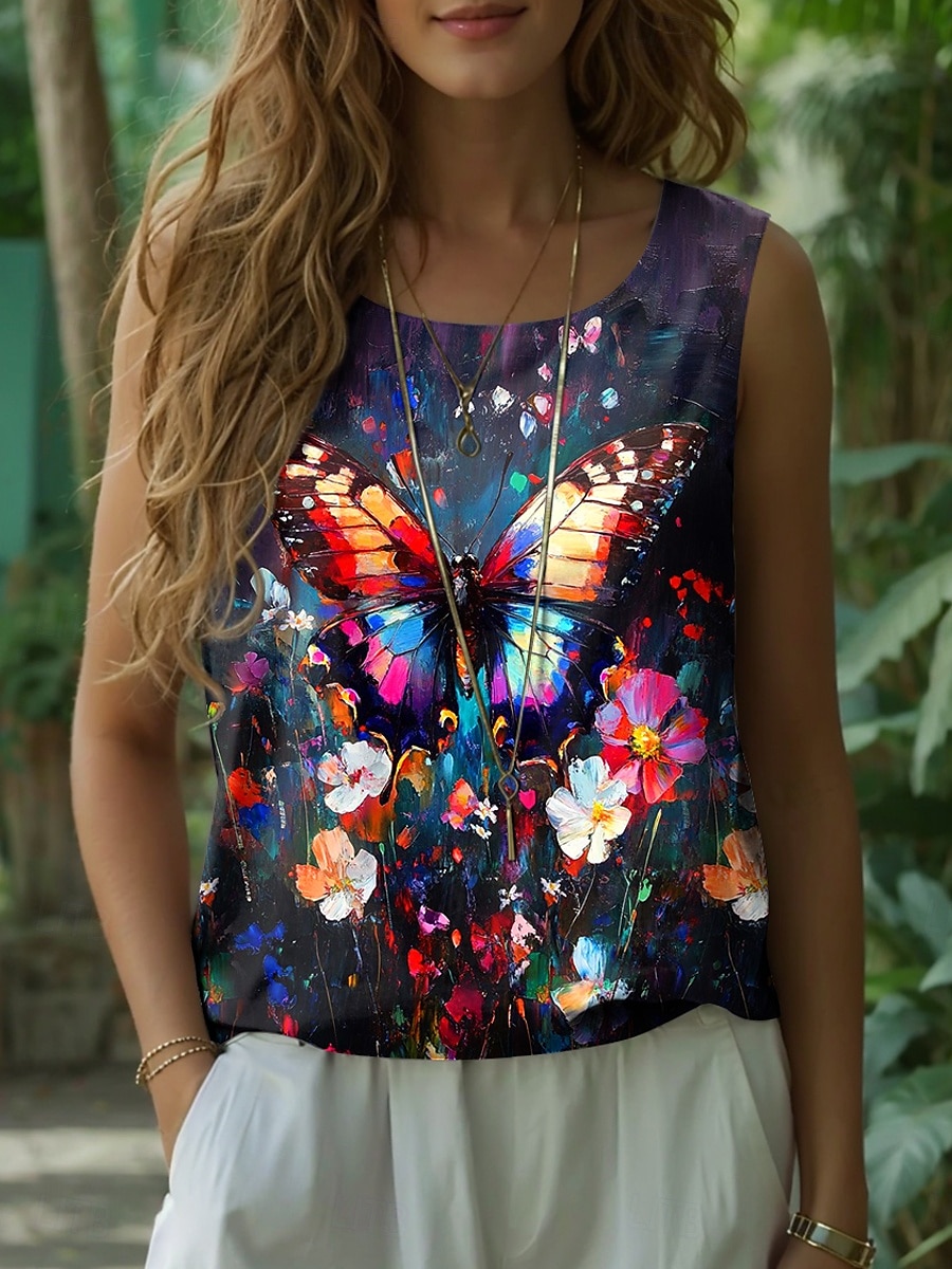 Dame Camisole Tank Top Blomstret Grafisk Elegant Bohem Årgang Ermeløs Crew-hals Vanlige topper Svart Oransje Sommer Vår 2025 - $19.99 –P4