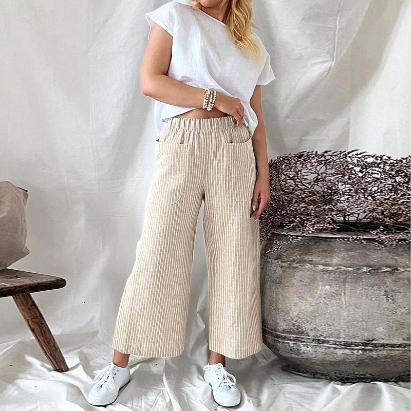 Per donna Pantaloni in cotone e lino Culotte Gamba Larga Pantaloni Eleganti Streetwear Casual Lunghezza intera Naturale A righe Tasca Elastico in vita Comodo Confortevole Streetwear Uscire Aalbicocca del 2025 a $28.99 –P7