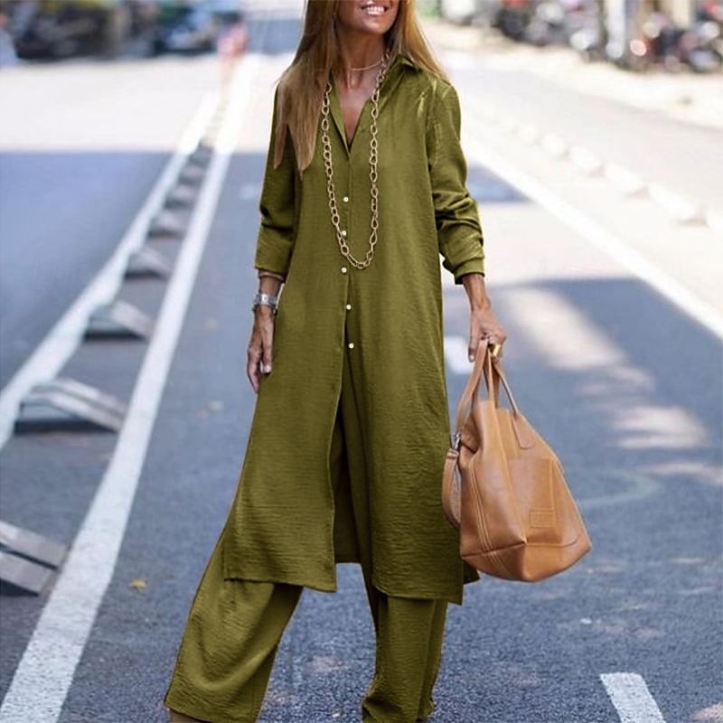 Femmes Actif Mode Chemisier Ensembles de Pantalons manche longue Col de chemise Couleur Unie Dubbele Rij Knopen Vacances Fête Vert Véronèse Bleu Marine Kaki Été Coupe régulière de 2025 ? $27.99 –P4