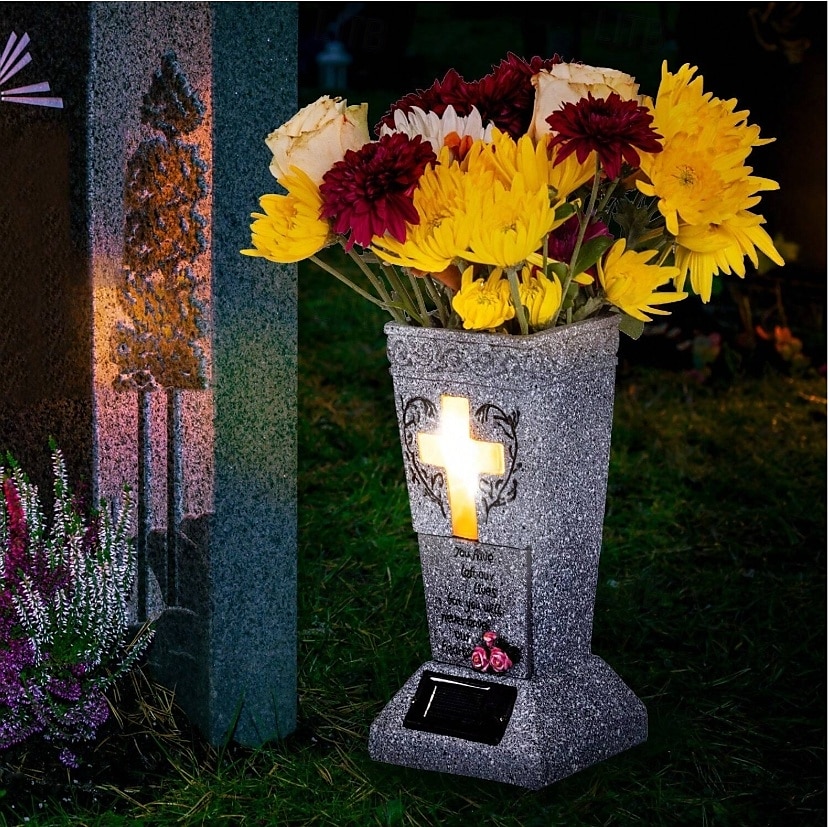 Solar-Friedhofsvase mit LED für frische/künstliche Blumen, Grabsteine, Vasen mit Spikes, Grabstein-Dekor, Gedenkgeschenke für den Verlust eines geliebten Menschen 2025 - $35.99 –P5
