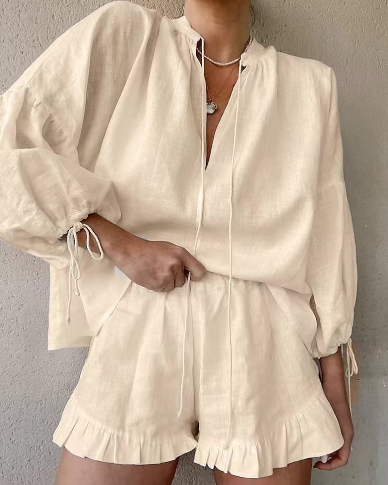 Femmes Actif Chemises en coton et lin Chemisier Ensembles de Shorts manche longue Col en V Couleur Unie Froncé Décontracté Quotidien Week-end Noir Blanche Rose Claire Été Coupe régulière de 2025 ? $24.99 –P5