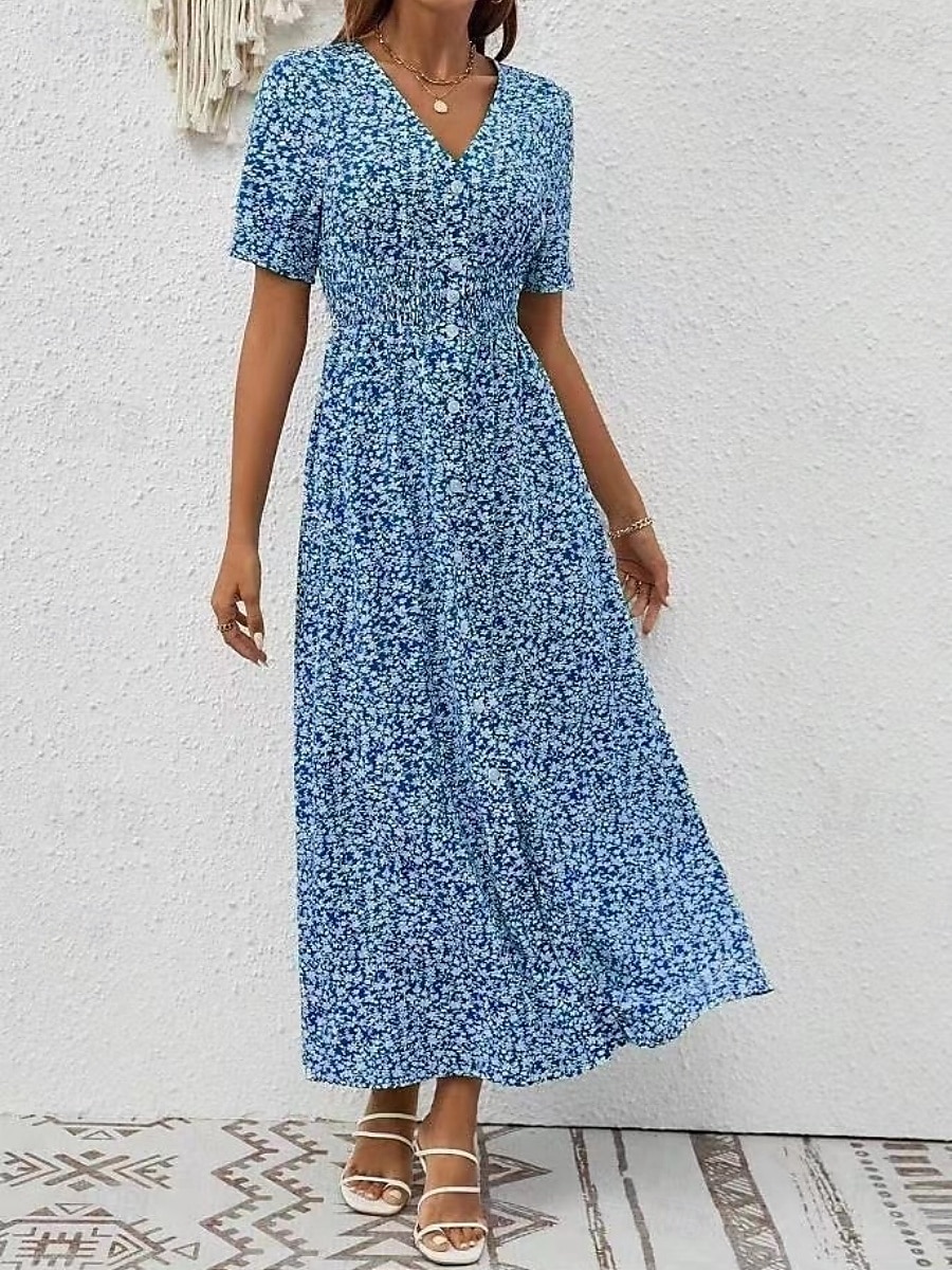 Femmes Robe maxi Robe trapèze Occasionnel Extérieur Sortir Coupe régulière Fleuri Manche Courte Col en V Bleu Vert Été de 2025 ? $39.99 –P6