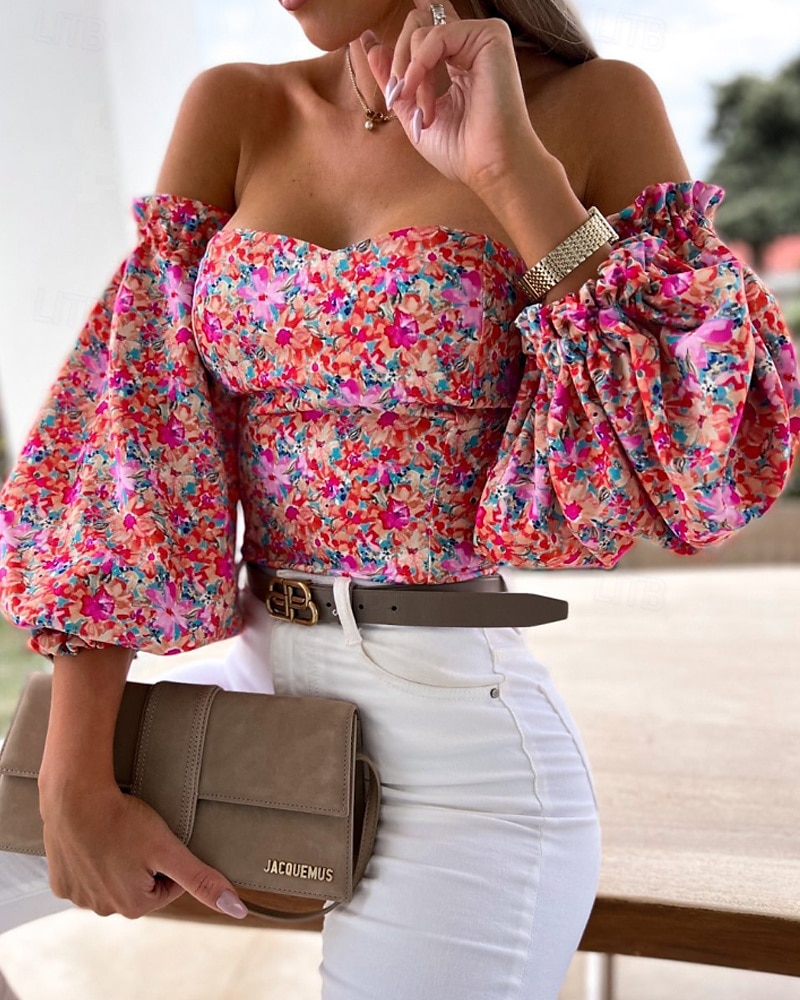 Damen Boho-Hemd Bluse Blume Modern Boho Langarm Schulterfrei Normale Oberteile Täglich Ausgehen Druck Erröten Sie Rosa Rosa Wein Rote Purpur Sommer 2025 - $21.99 –P11