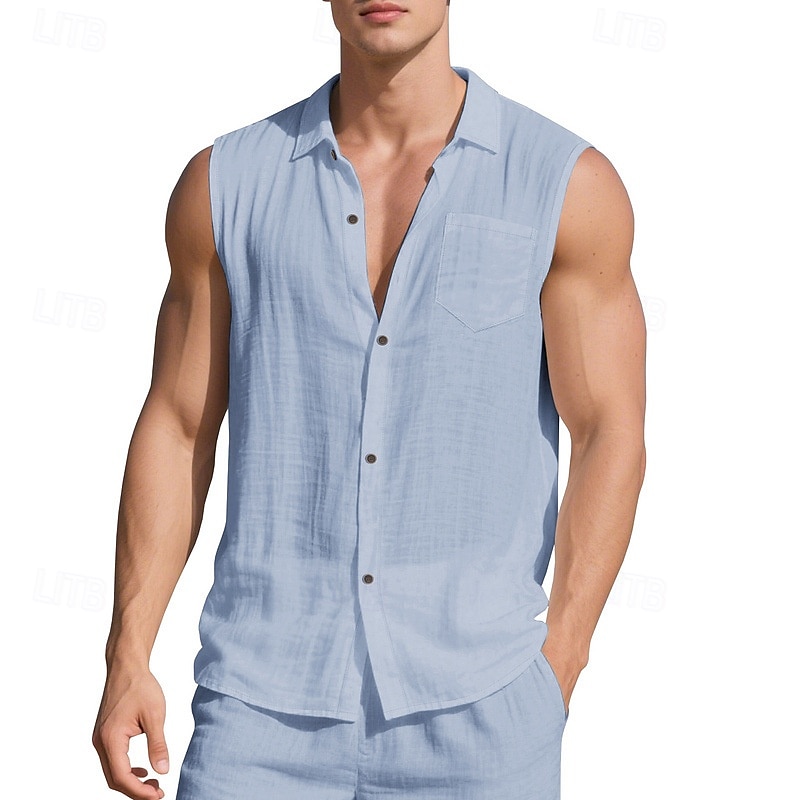 Men's Shirt Linen Shirt Summer Shirt Beach Wear Sleeveless Shirt Solid Color Vacation Street Black White Green Khaki Sleeveless Shirt Collar Summer Spring Clothing Apparel Pocket 2026 - $21.99 –P13
