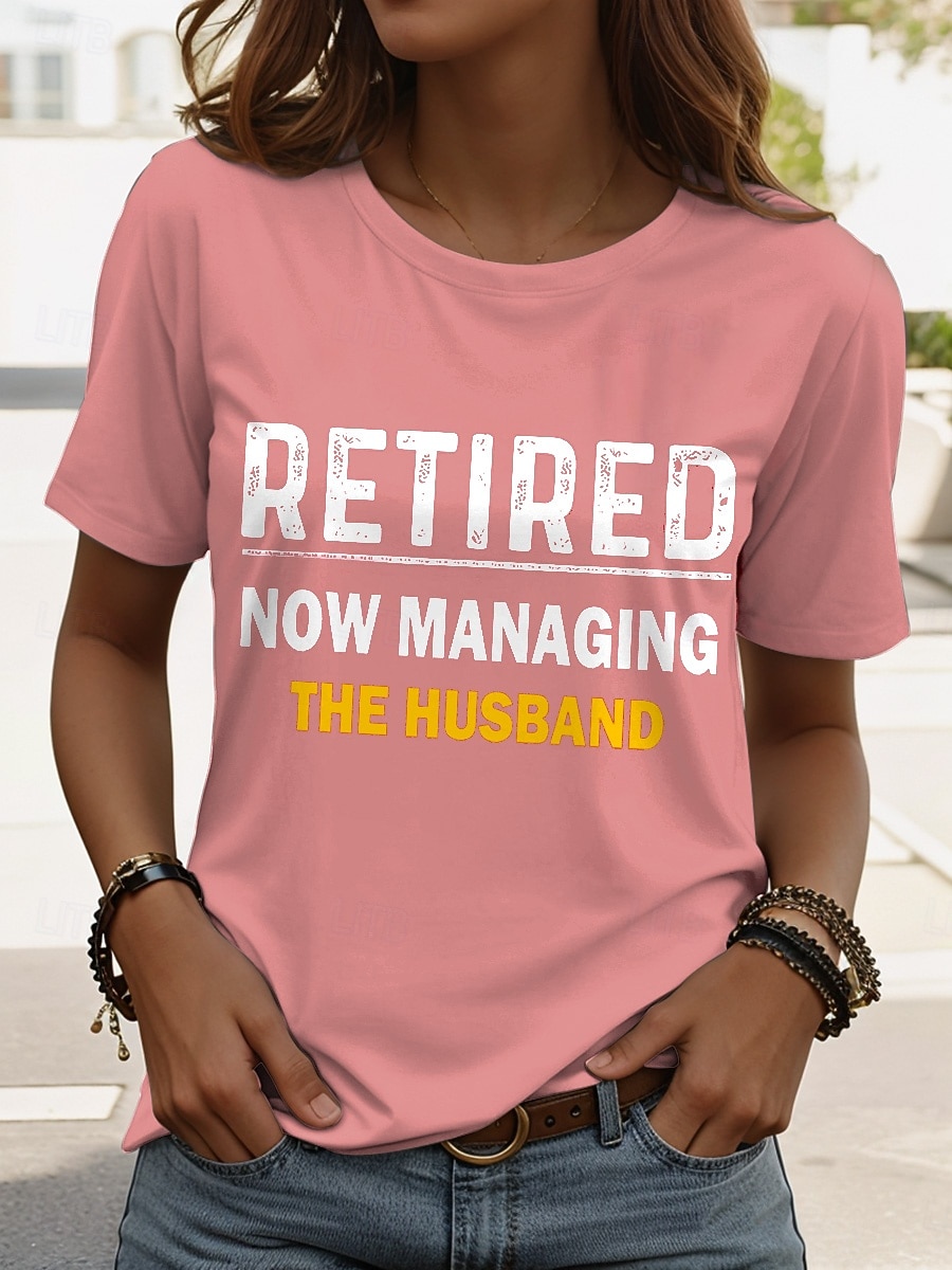 Women's T Shirt Retired Graphic Letter Vintage Stylish Classic Short Sleeve Crew Neck Round Neck Regular Tops Daily Weekend Print Black Pink Red Blue Purple Summer 2026 - $22.99 –P4