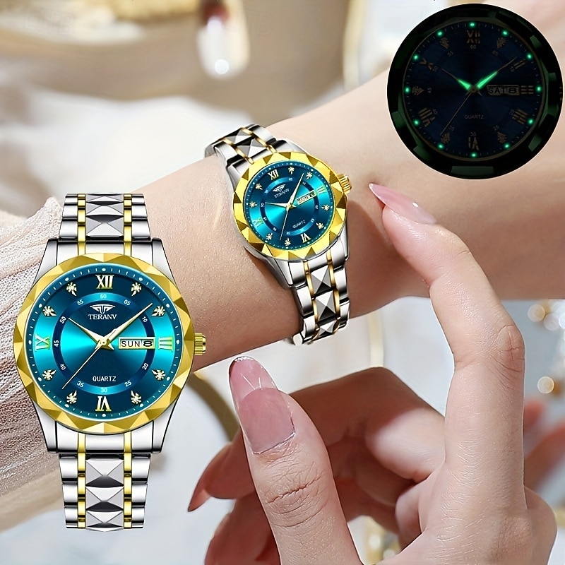 Dois mostradores romanos redondos com diamantes aquáticos, mostrador luminoso, relógio de casal ipx7 à prova d'água, relógio de quartzo com calendário e data, pulseira de aço inoxidável elegante, de 2025 por $29.99 –P9