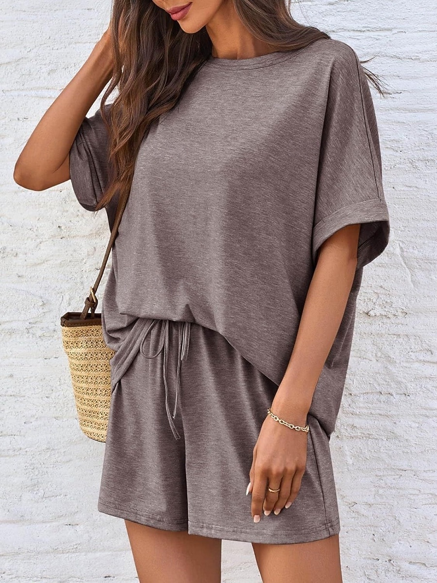 Dam Set med shorts Bolero Top Kortärmad Rund hals Ensfärgat Snörning Mode Streetwear Ledigt Dagligen Utomhus Blå Svart Brun Sommar Lös passning 2026 - $31.99 –P15