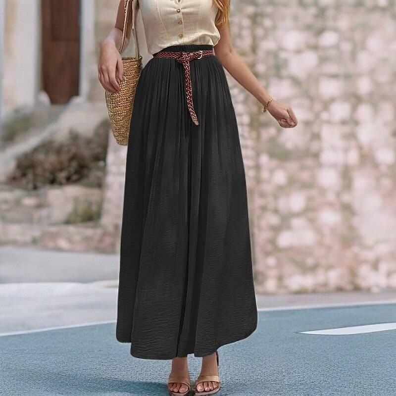 Damen Asiatische Größe Schwingend Leinenröcke Elegant Lässig Midi Hohe Taille Röcke Einfarbig Gerafft Plissiert Fließend Mikroelastisch Urlaub Täglich Wein Schwarz Weiß Rosa Frühling, Herbst, Winter 2025 - $32.99 –P15
