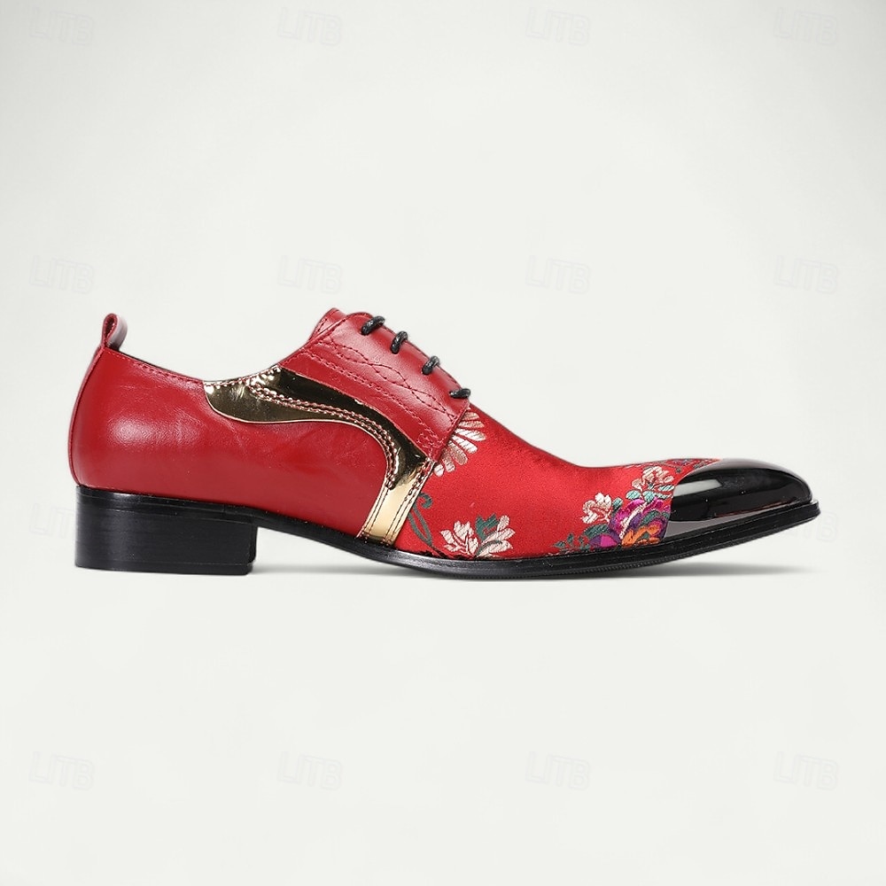 Męskie czerwone skórzane buty wizytowe z kwiatowym haftem i metalowymi akcentami w złotym kolorze – eleganckie obuwie na wesela i wieczorne wydarzenia 2025 - $119.99 –P4
