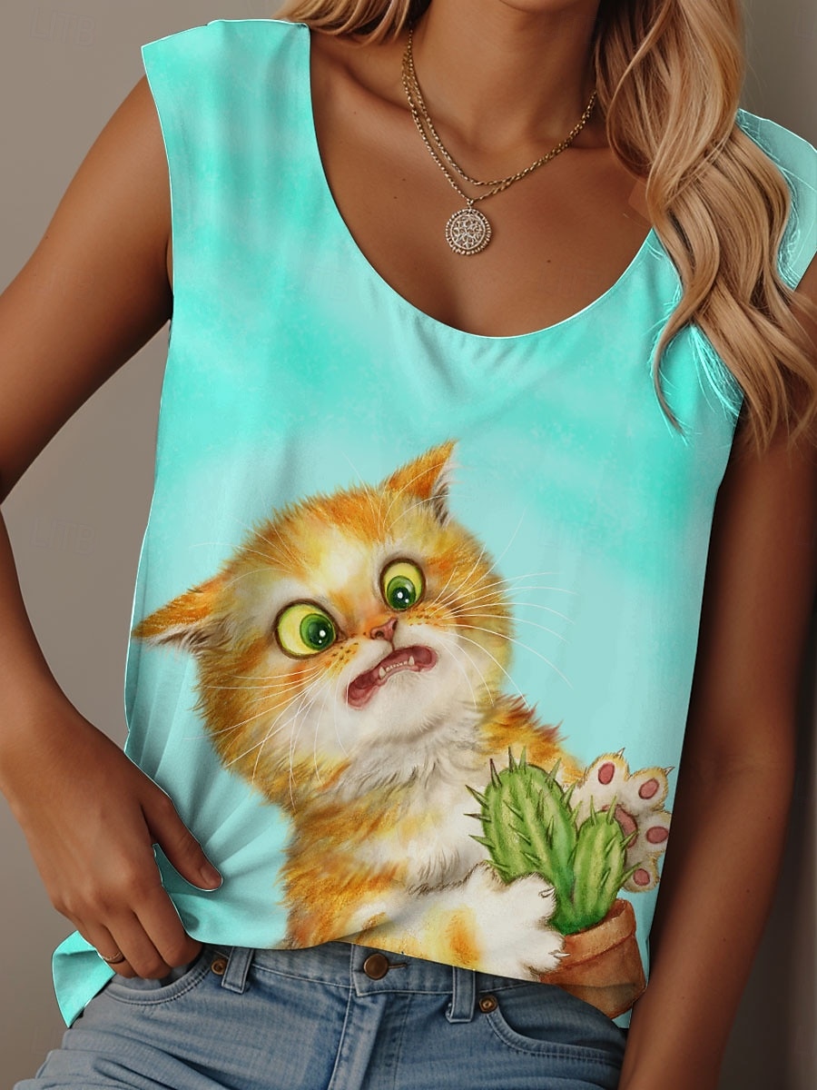 Maiou de damă Kayomi Harai, imprimeu cu animale, pisică, elegant, casual, fără mâneci, guler rotund, bluze regulate, imprimeu zilnic, verde, vară 2025 - $19.99 –P1