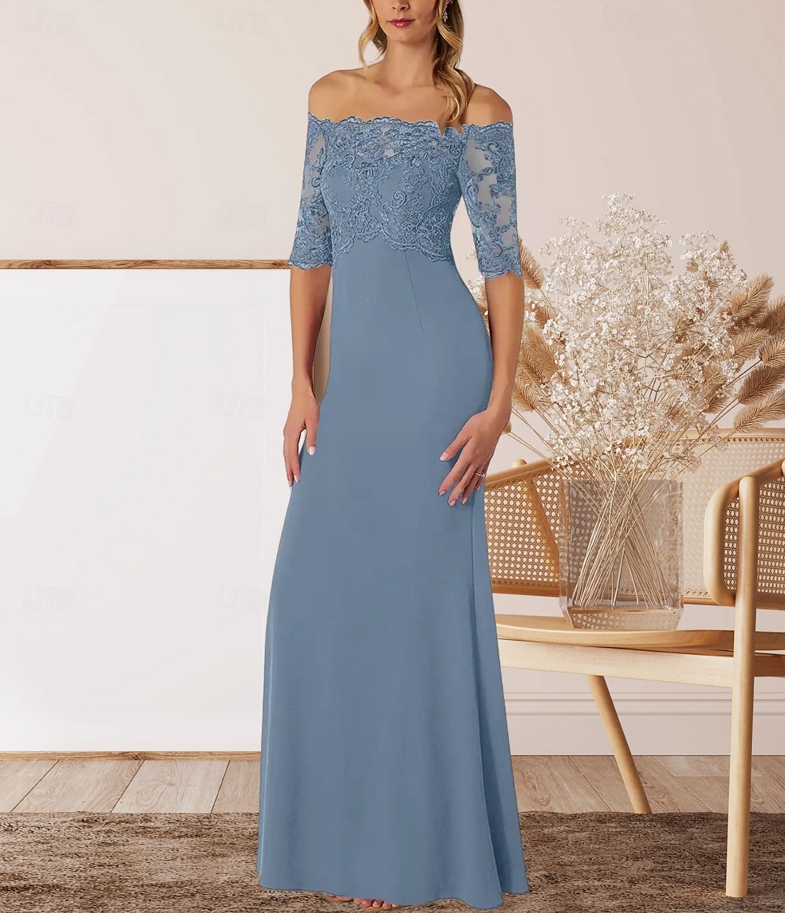 A-Line Mother of the Bride Dress Wedding Guest Elegant Off Shoulder Floor Length Chiffon Half Sleeve with Lace 2025 - $161.99 –P1