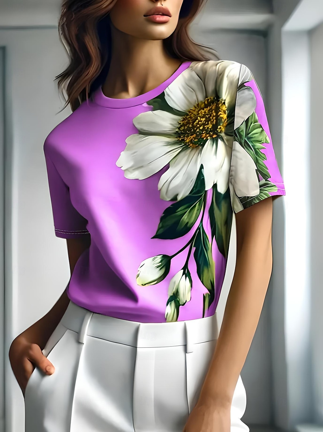 Pentru femei Tricou Floral Grafic Plante Epocă Stilat Clasic Manșon scurt Stil Nautic Rotund Topuri obișnuite Zilnic Sfârșit de săptămână Imprimeu Negru Albastru piscină Mov Trifoi Gri Vară Primăvară 2025 - $19.99 –P7