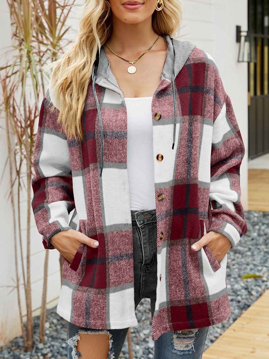 Damen Freizeitjacke Alltagskleidung Taste Plaid Lässig / Alltäglich Vintage Lockere Passform Oberbekleidung Langarm Sommer Weinrot S 2025 - $43.99 –P5