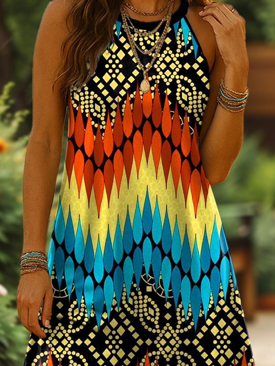 Damen Minikleid A Linie Kleid Sommerkleid Urlaub Lässig Täglich Normale Passform Grafik Geometrisch Ärmellos Neckholder Gelb Rote Blau Sommer 2025 - $31.99 –P3