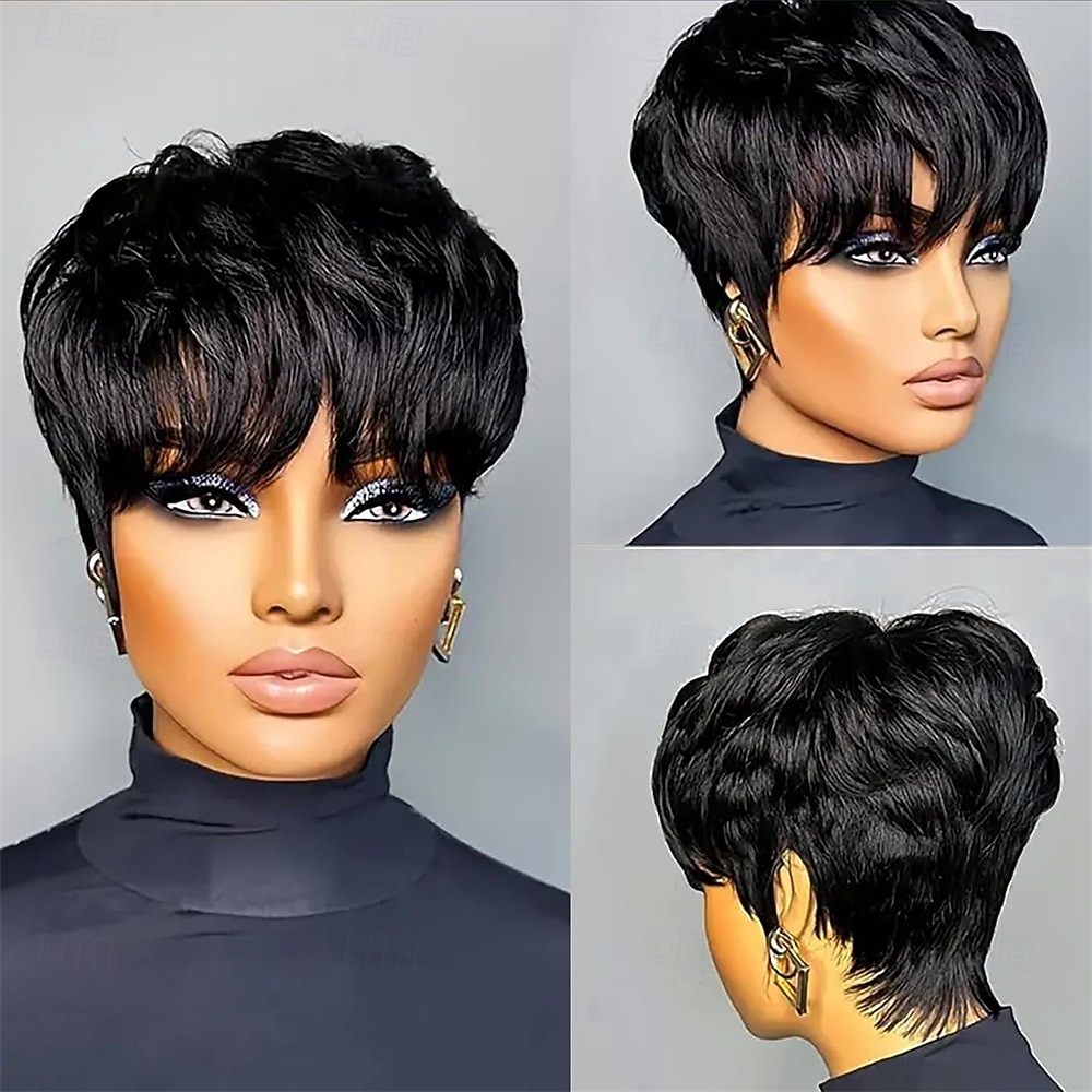 Peluca sintética de corte pixie, de capas cortas, para mujeres negras, sin pegamento, estilo bob, recta y corta, color negro. 2025 - $24.99 –P1