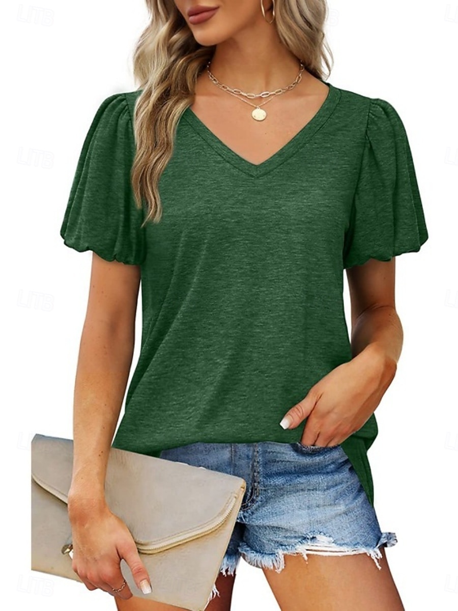 Femmes Chemisier Couleur Unie Quotidien Élégant Occasionnel Manche Courte Col en V Hauts Réguliers Quotidien Noir Blanche Vert Été Printemps de 2025 ? $17.99 –P8