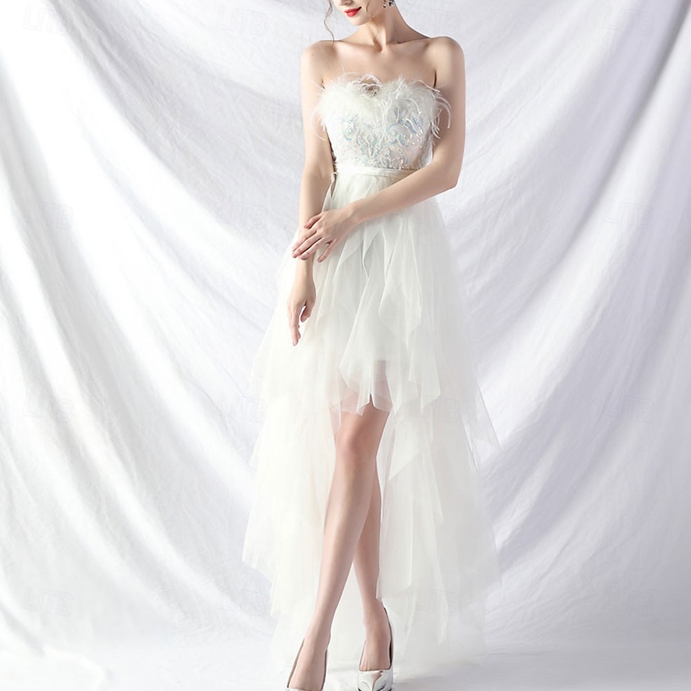 A-Line Quinceanera Dresses Elegant Dress Formal Wedding Asymmetrical Sleeveless Strapless Tulle Backless with Feather Embroidery 2025 - $84.99 –P14