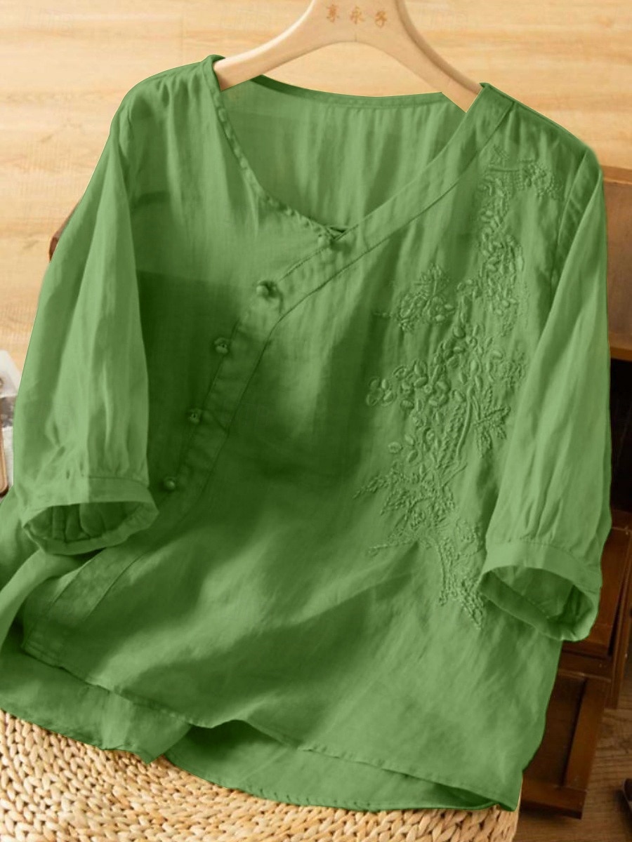 Dame Skjorte Bluse Skjorter i bomullslin Helfarge Stilfull Fritid 3/4 ermer Crew-hals Vanlige topper Daglig Broderi Knapper Gul Rød Lilla Grønn Sommer Vår 2025 - $27.99 –P11