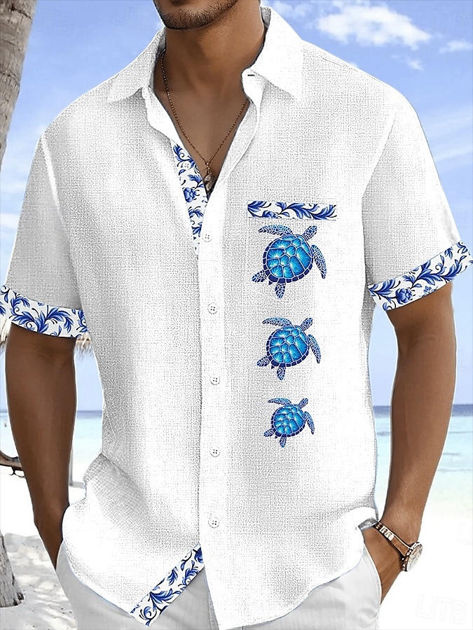 Men's Shirt Linen Shirt Summer Shirt Beach Shirt Button Up Shirt Turtle Vacation Holiday White Pink Sky Blue Green Short Sleeve Turndown Summer Clothing Apparel Front Pocket 2025 - $26.99 –P3