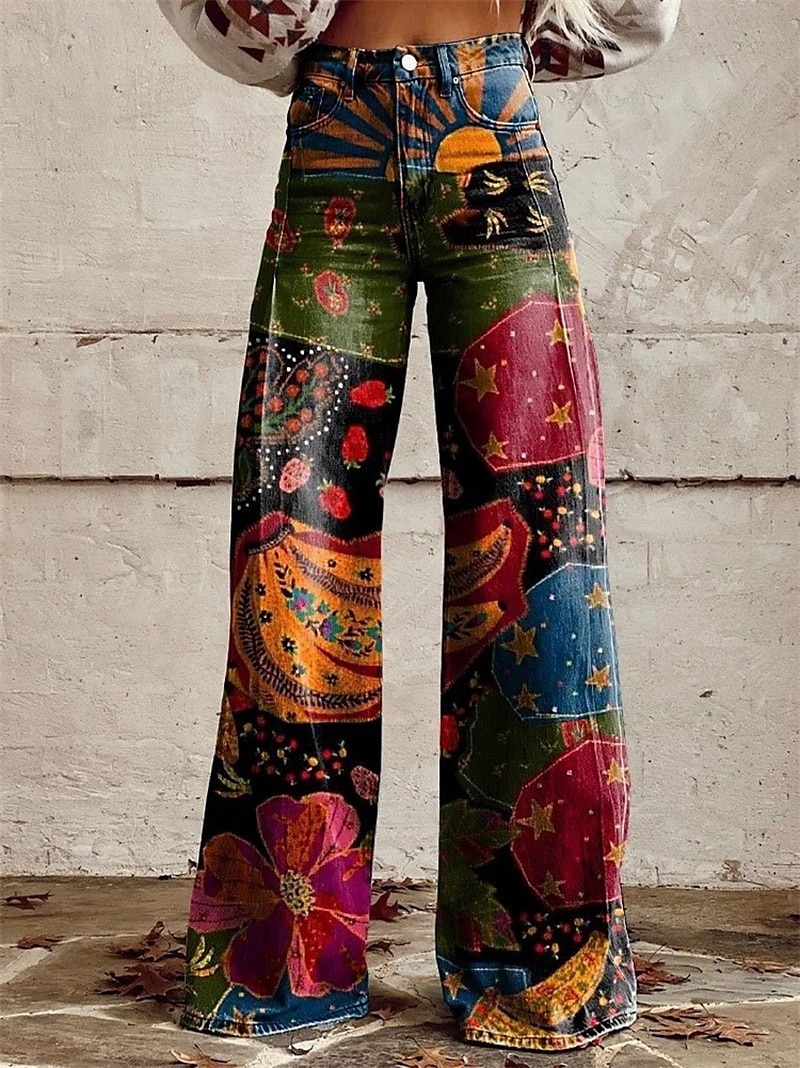 Retro 70. léta Báječný Kalhoty Široké legované kalhoty Hippie Disko Vysoký pas Psychedelické Styl falešných džínů Dámské Karneval Běžné / Denní hudební festival Retro tematická párty Dospělé Kalhoty 2025 - $35.99 –P5